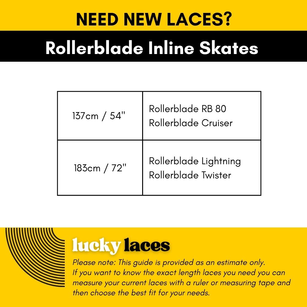 Lucky Laces Rollerblade Inline Skates Length Lace Guide 137cm / 54" Rollerblade RB 80, Rollerblade Cruiser, 
183cm / 72" Rollerblade Lightning, Rollerblade Twister - Lucky Skates 
