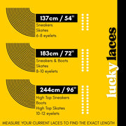 Measurement chart for laces with different length options on a yellow background, featuring the brand 'Lucky Laces'.