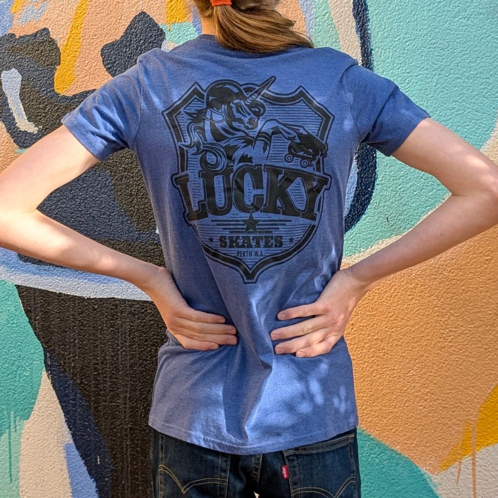 Lucky Skates Blue Tee Unicorn Logo - Lucky Skates 