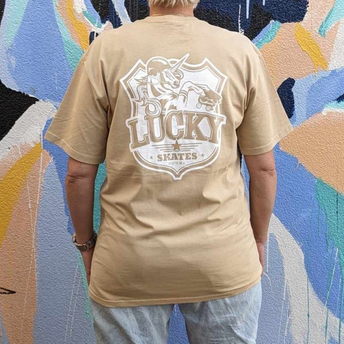 Lucky Skates Mens Short Sleeved Tan T-shirt - Lucky Skates