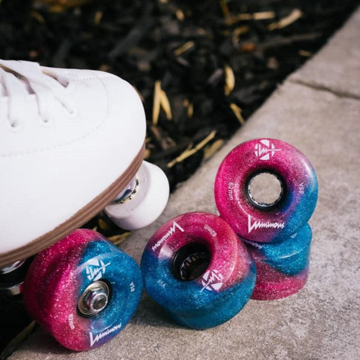 Luminous Light Up Quad LED Roller Skate Wheels Galaxy Purple Blue Glitter 62mm 85A - Lucky Skates 