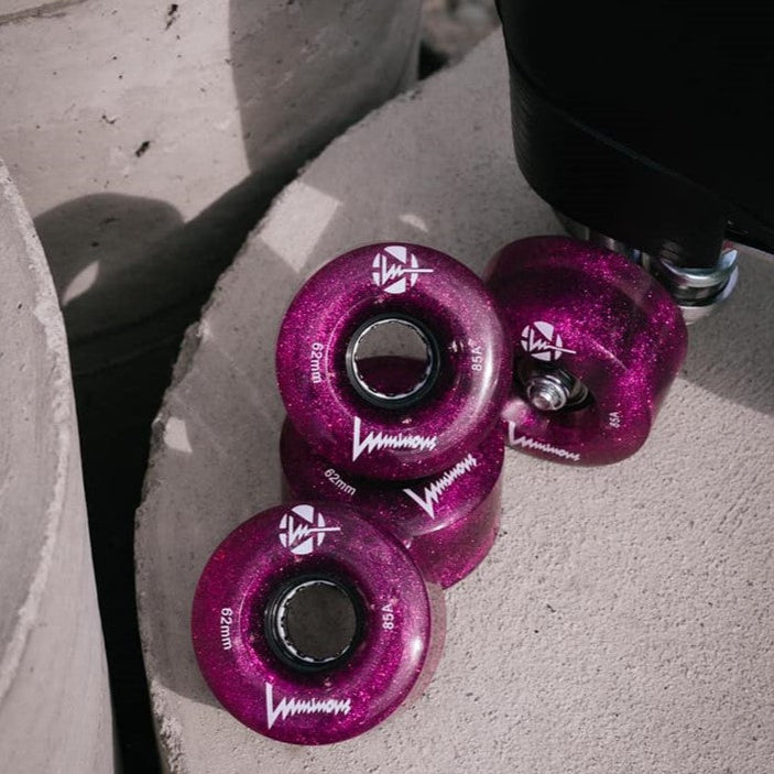 Luminous Light Up Quad LED Hybrid Roller Skate Wheels Purple Haze Glitter 62mm 85A - Lucky Skates