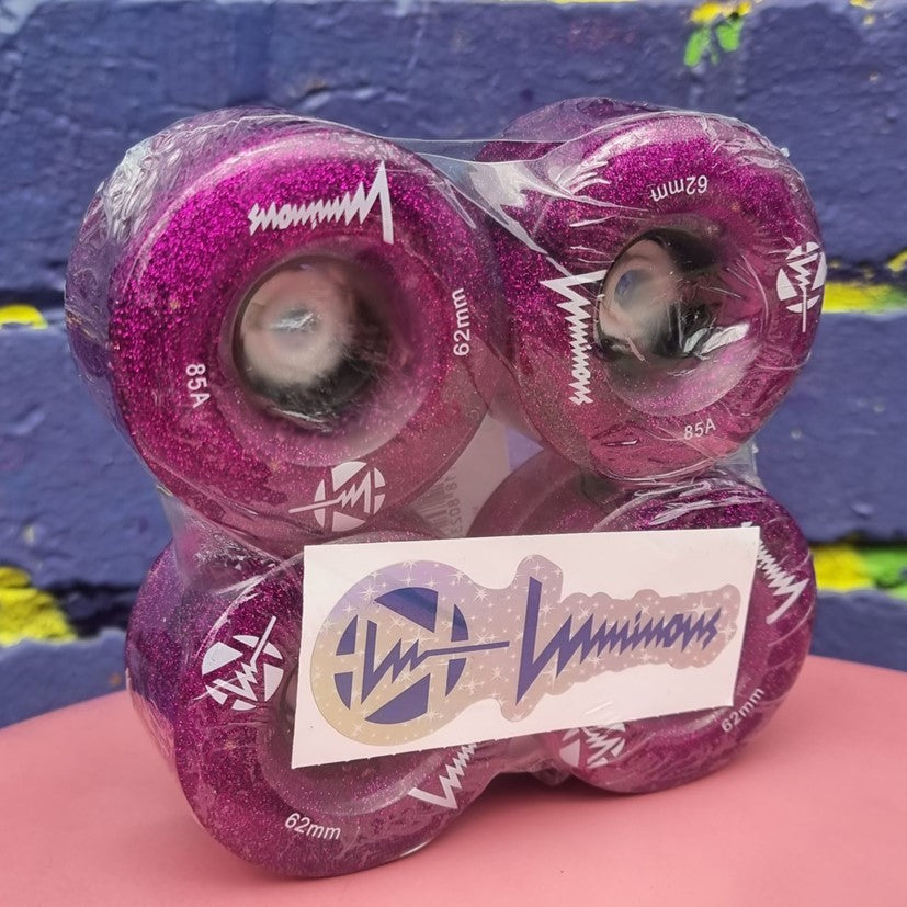 Luminous Light Up Quad LED Hybrid Roller Skate Wheels Purple Haze Glitter 62mm 85A - 4 Pack - Lucky Skates