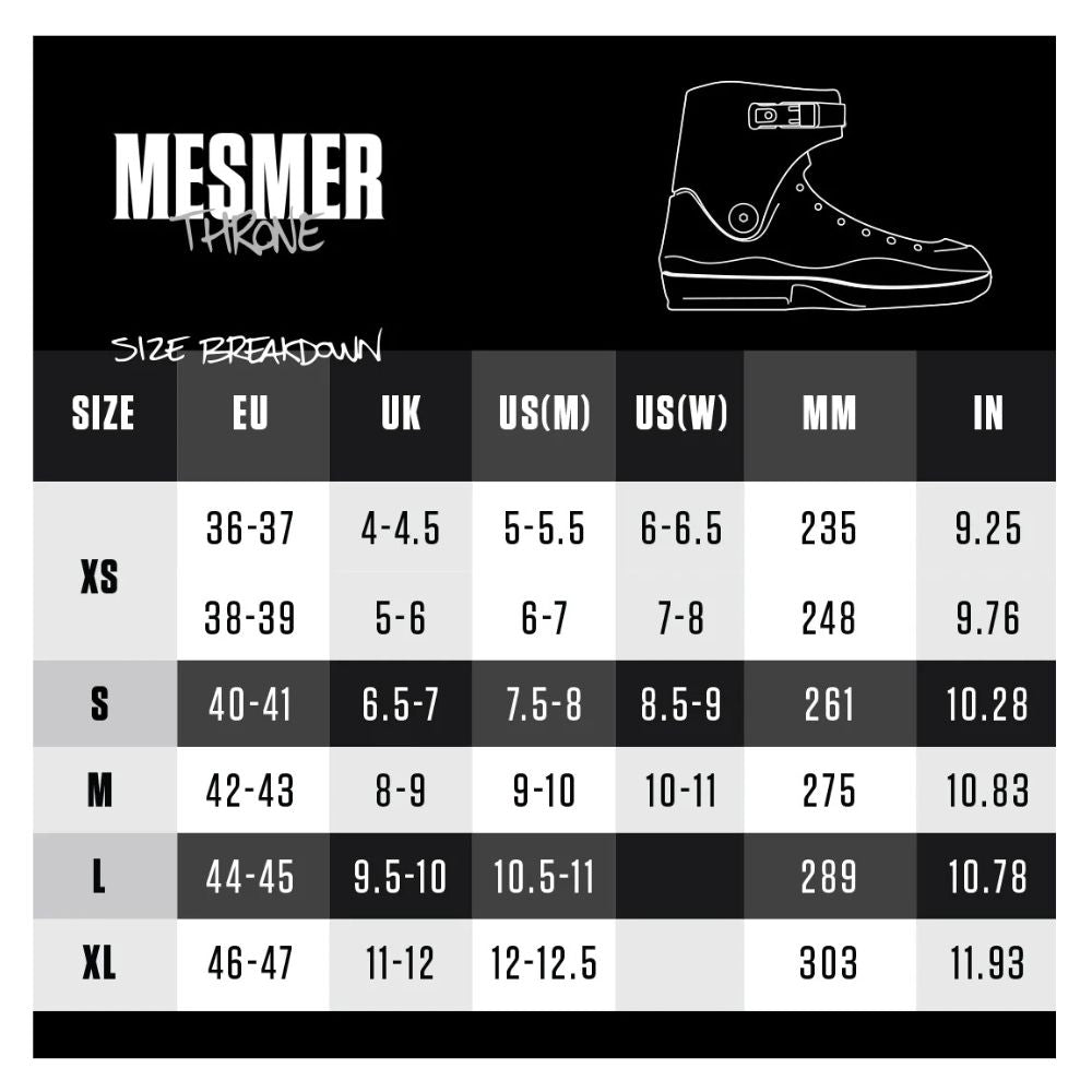 Mesmer Throne Aggressive Inline Skates Size Chart EU US UK - Lucky Skates 