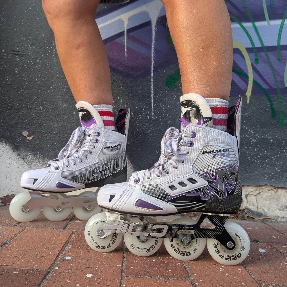 Mission Inhaler FS2 Inline Roller Hockey Senior Skates White/Purple - Lucky Skates