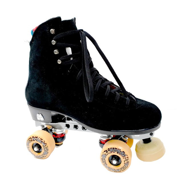 Moxi Jack Roller Skates Black Reactor Pro plate Leopard Print Trick - Lucky Skates