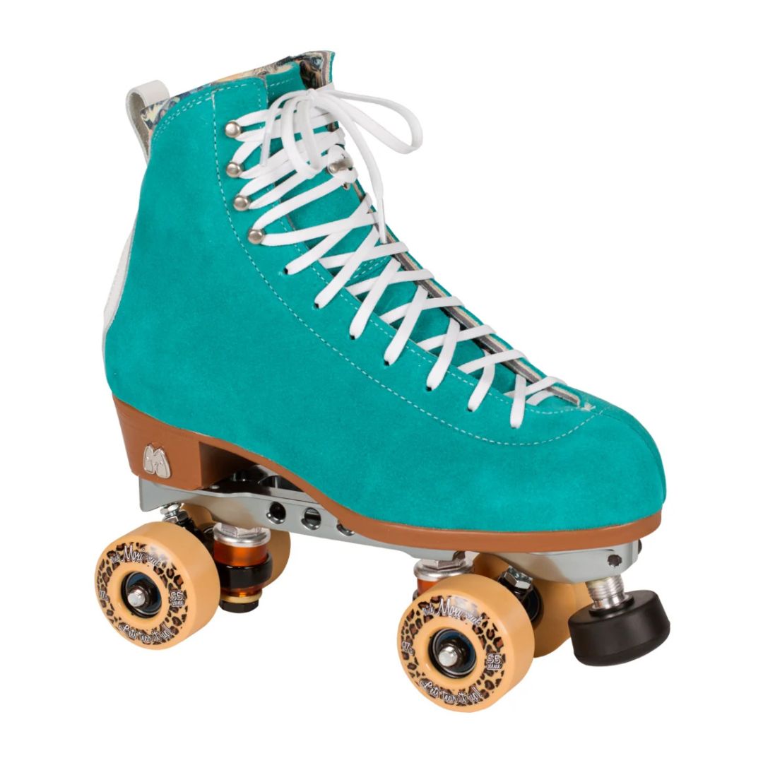 Moxi Jack Teal Leather Suede High Top Roller Skates Jade teal Reactor Pro Powerdyne Plate, Moxi Trick Leopard Brown Wheels 97a - Lucky Skates