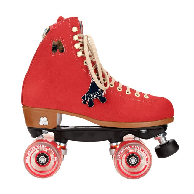 RED HIGH TOP SUEDE ROLLERSKATES WITH CLEAR RED WHEELS 