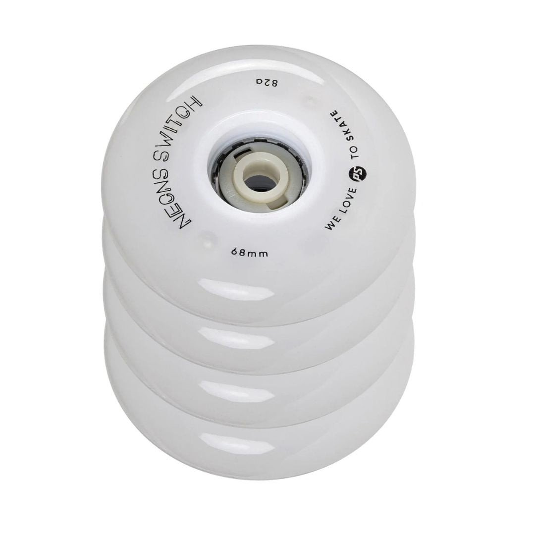 Powerslide Neons Switch LED Inline Wheels White Rainbow Multi Coloured 68mm 82A 4 Pack - Lucky Skates 