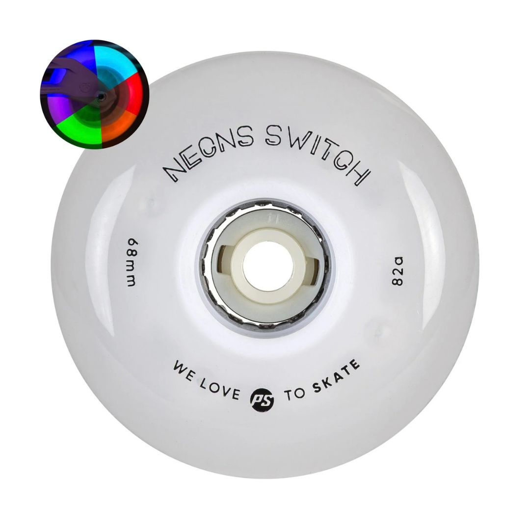 Powerslide Neons Switch LED Inline Wheels White Rainbow Multi Coloured 68mm 82A - Lucky Skates 