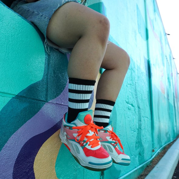 Old School Baby! Skate Socks Black Cats Mid High Black White Striped - Lucky Skates