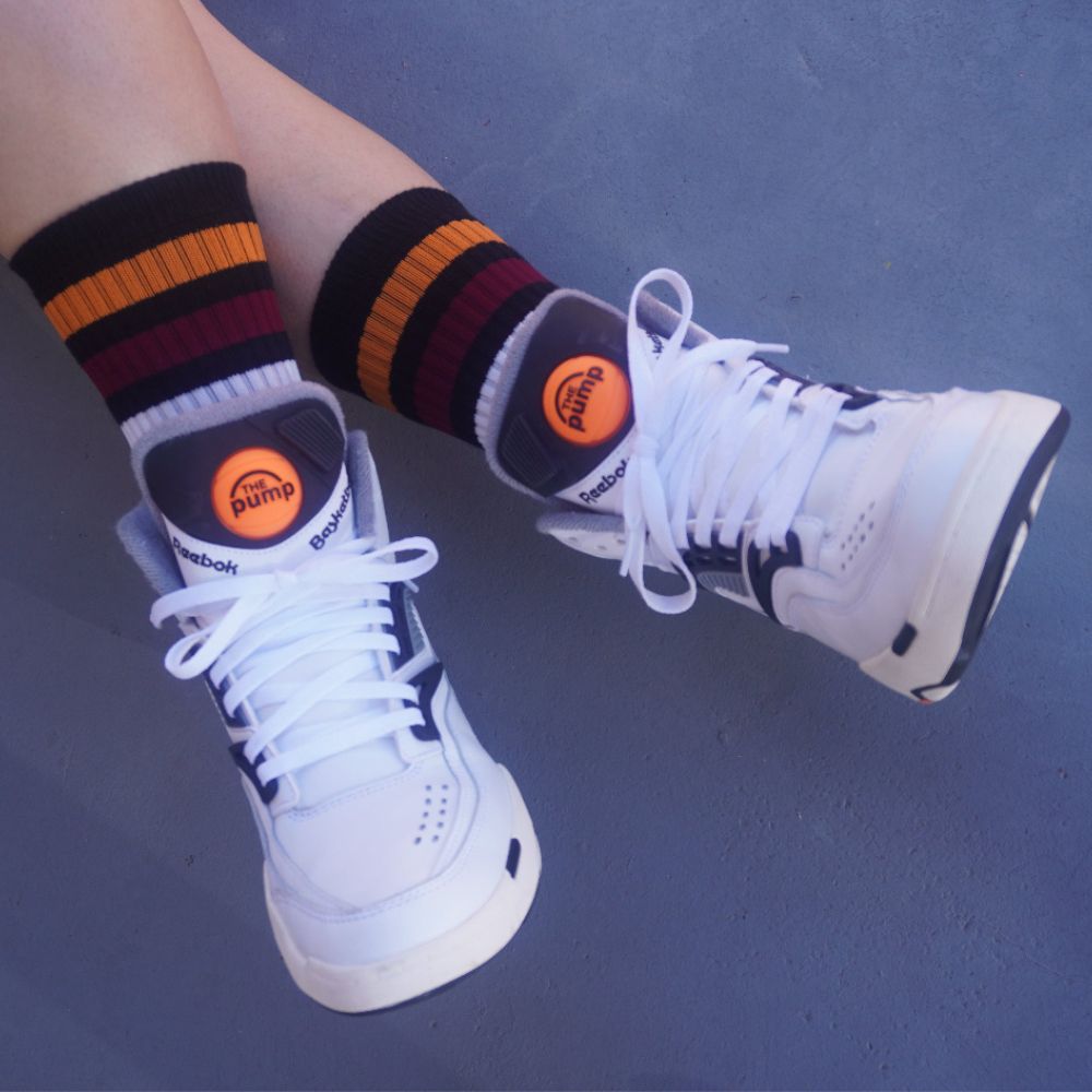 Old School Baby! Champ Mid High Skate Socks Black Marron White Gold Striped - Lucky Skates