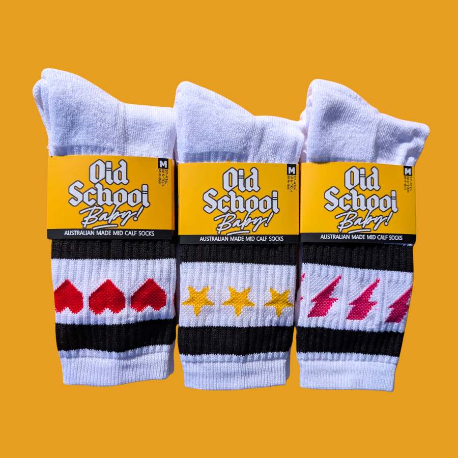 Old School Baby! Shapes Skate Socks  3 Pack Stars Hearts Lightning Bolts - Lucky Skates 