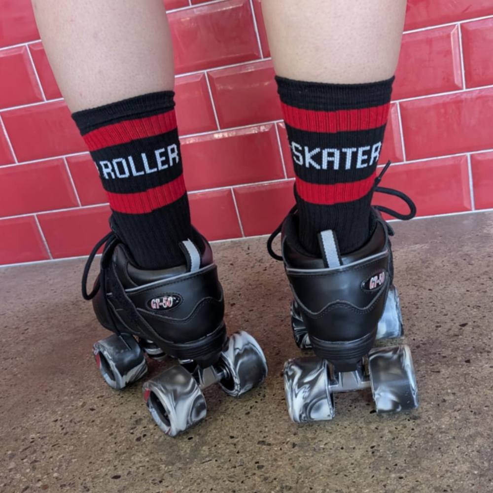 Old School Baby! Roller Skater Mid High Skate Socks Black/Red - Lucky Skates