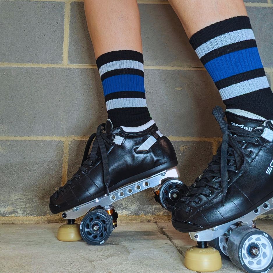 Old School Baby! Team Blue Mid High Skate Socks Black Blue Striped - Lucky Skates