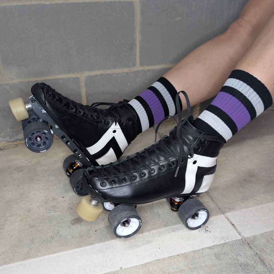 Old School Baby! Team Purple Mid High Roller Skate Socks Black - Lucky Skates 
