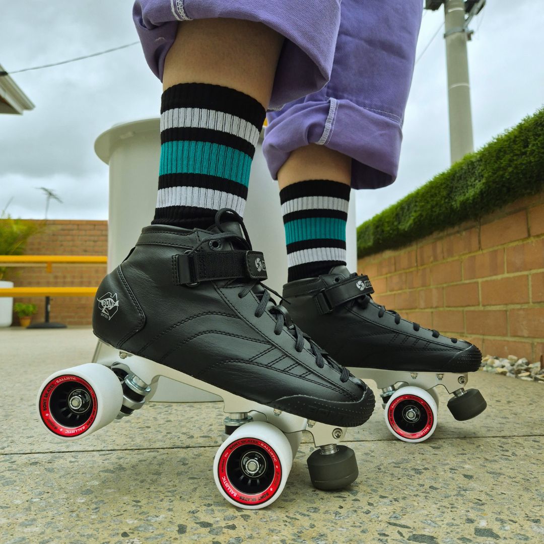 Old School Baby! Team Teal Mid High Skate Sport Socks Black With Teal Stripe - Lucky Skates 