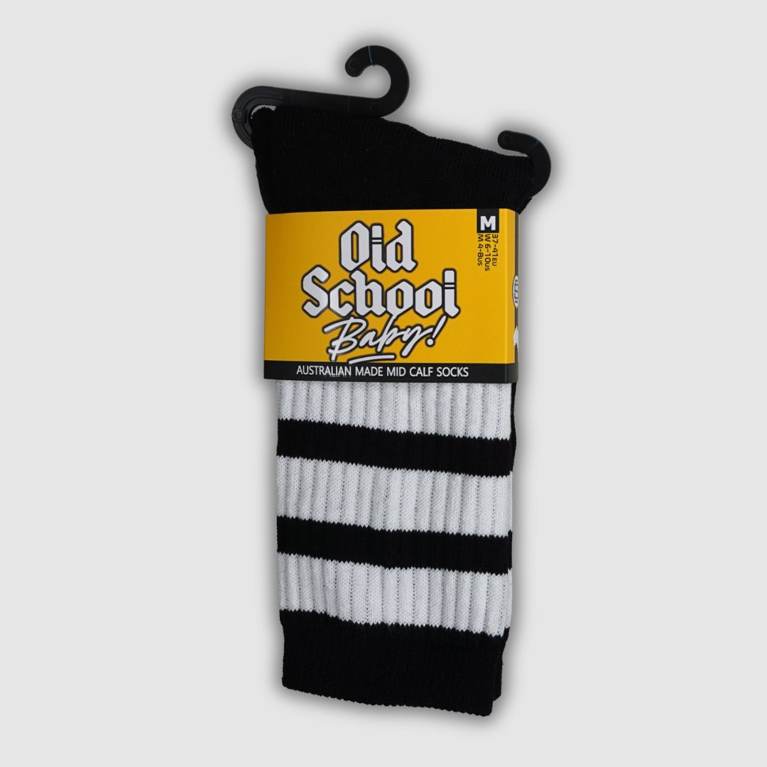 Old School Baby! Skate Socks Black Cats Mid High Black White Striped - Lucky Skates