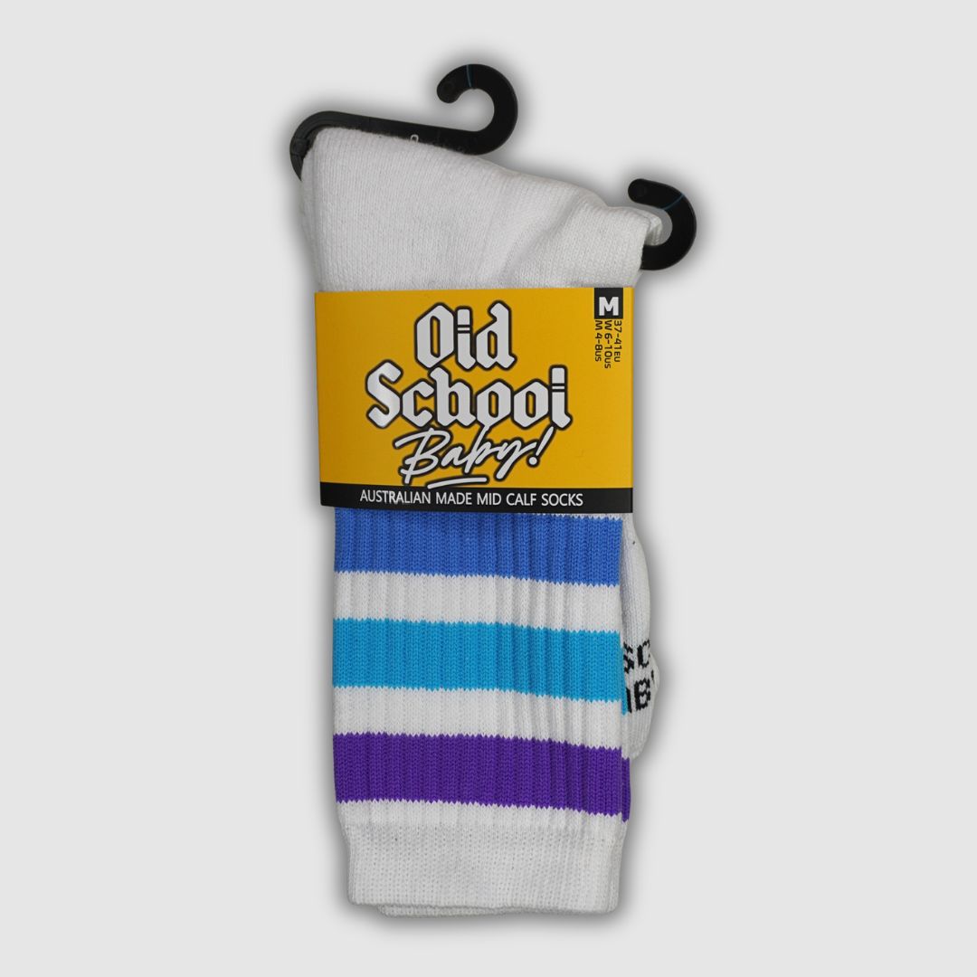 Old School Baby! Blue Moon Mid High Skate Socks White Blue Purple Striped  - Lucky Skates