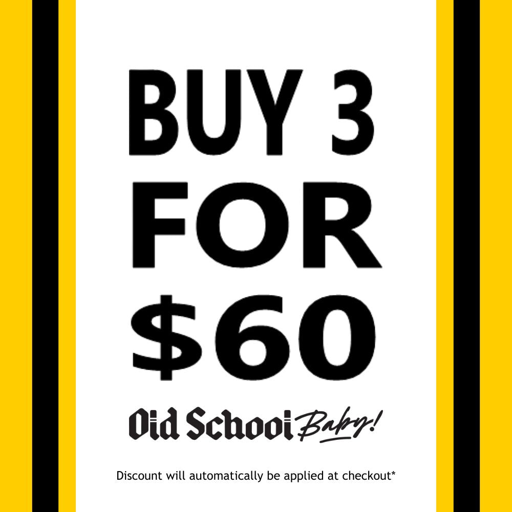 Promotional graphic with text 'BUY 3 FOR $60' and 'Old School Baby!' socks - Lucky Skates 