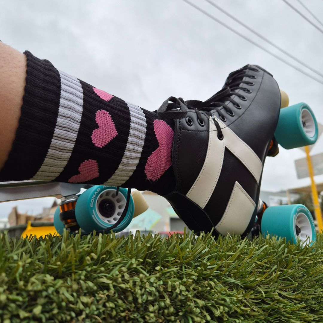 Old School Baby Black Mid Calf Socks With Pink Love Hearts - Lucky Skates 