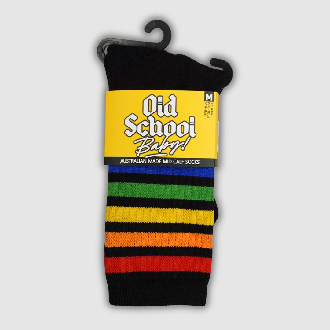Old School Baby! Lucky Rainbow Mid High Skate Socks Black With Rainbow Stripes Pride - Lucky Skates 