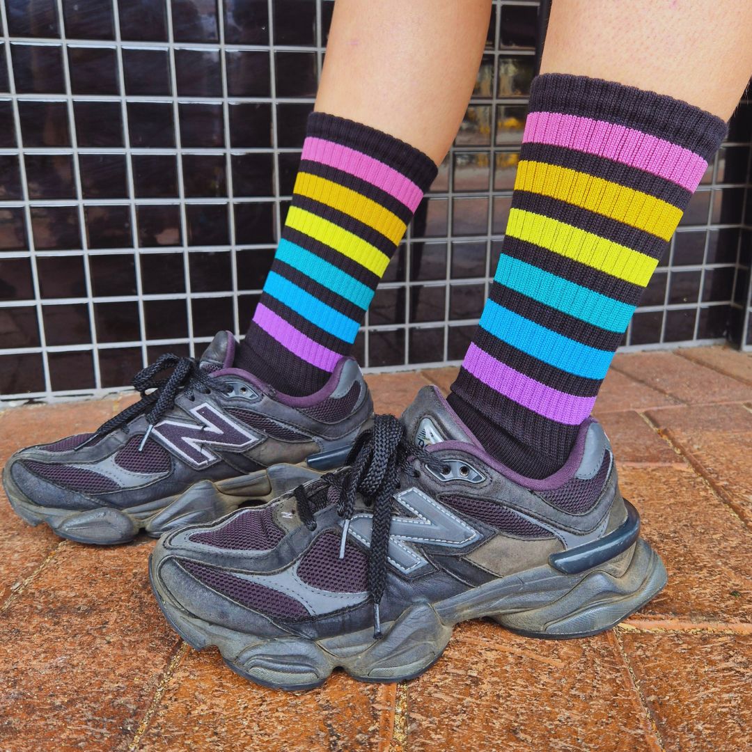 Old School Baby Mid HIgh Skate Socks Black Pastel Rainbow Stripes - Lucky Skates 