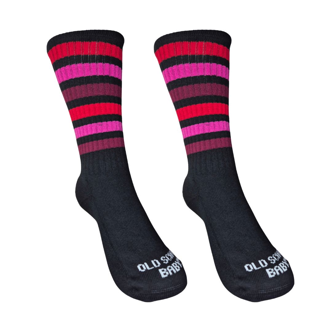 Old School Baby Mid High Skate Socks Black Red, Pink Marron Stripes - Lucky Skates 