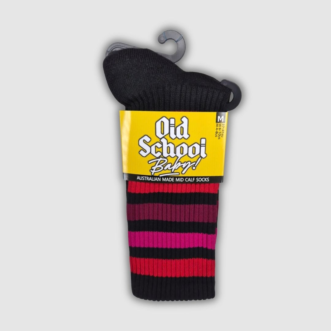 Old School Baby Mid High Skate Socks Black Red, Pink Marron Stripes - Lucky Skates 