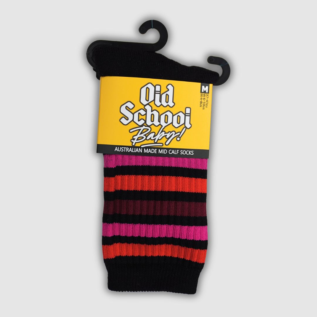 Old School Baby Socks Raspberry Ripple Pink Red Maroon Mid High Skater Socks - Lucky Skates  