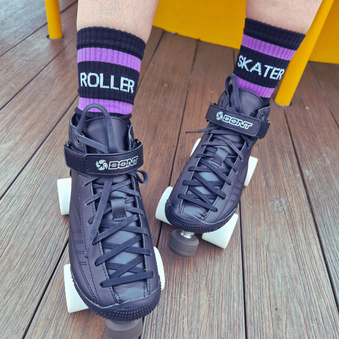Old School Baby! Roller Skater Mid High Skate Socks Purple Black - Lucky Skates