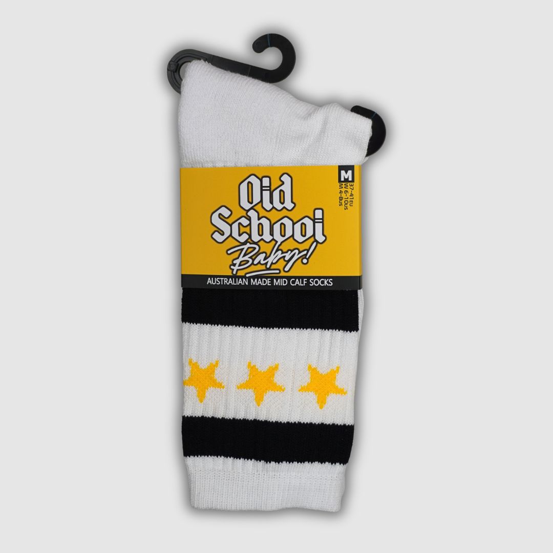 Old School Baby! Superstar Mid High Skate Socks White Yellow Stars - Lucky Skates