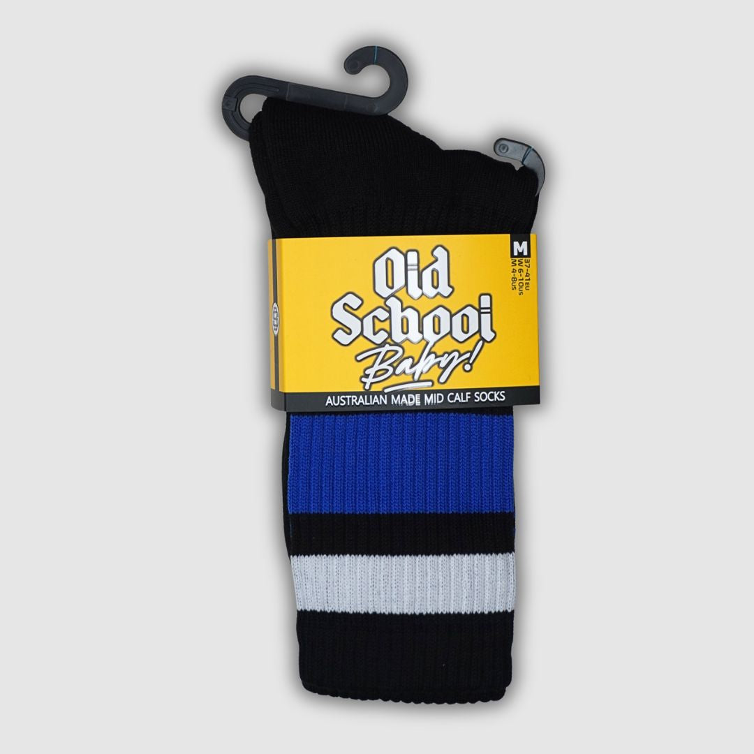 Old School Baby! Team Blue Mid High Skate Socks Black Blue Striped - Lucky Skates