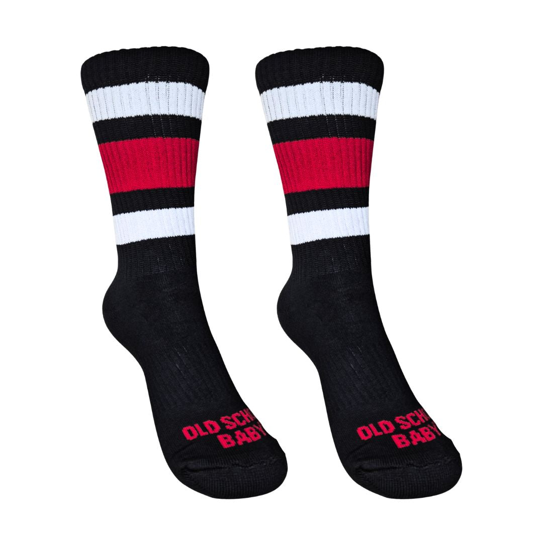 Old School Baby! Team Red Mid High Skate Socks Black Red - Lucky Skates 