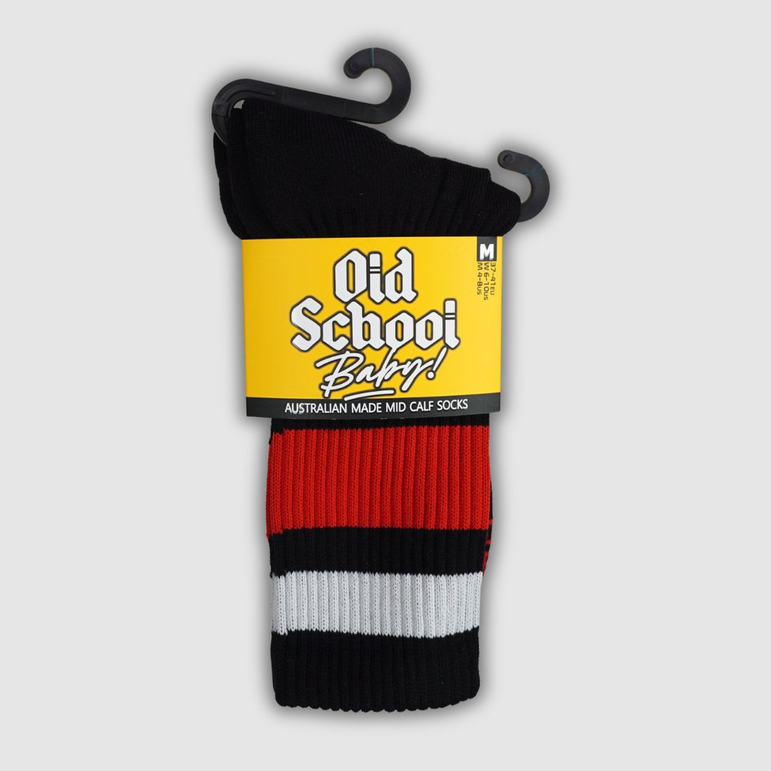 Old School Baby! Team Red Mid High Skate Socks Black Red - Lucky Skates 