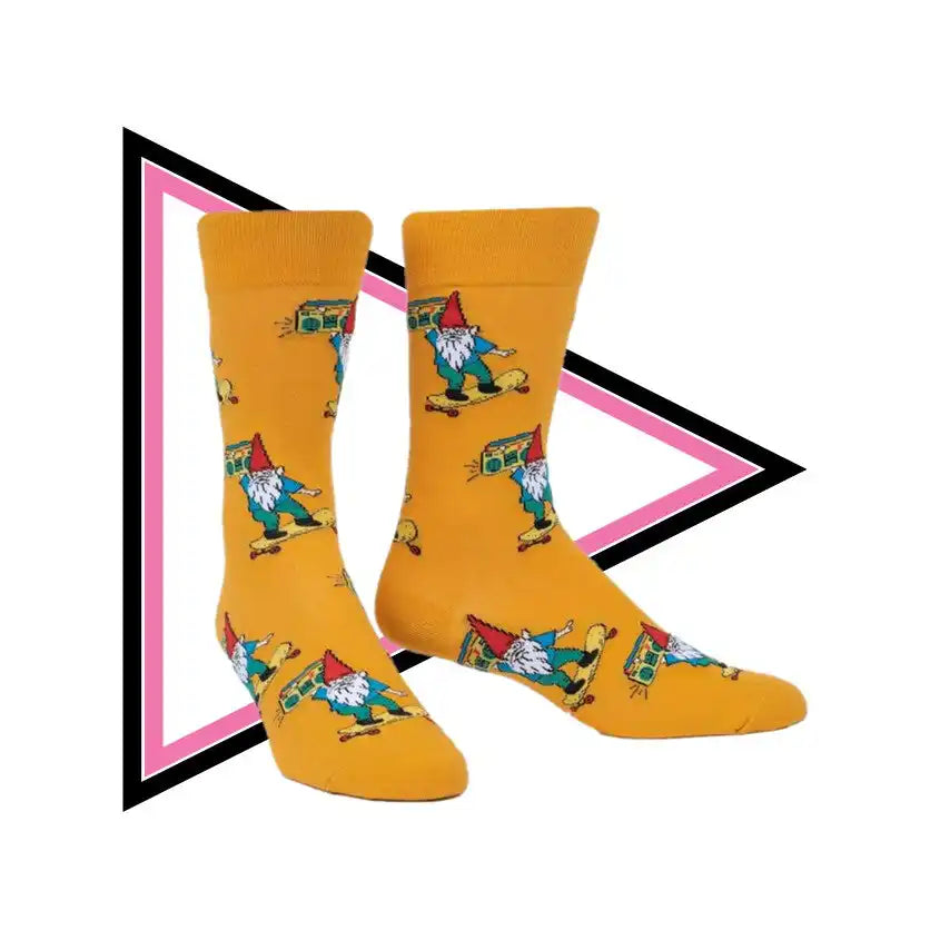 Pair of yellow socks with gnome skateboarding pattern.