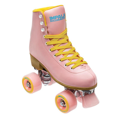 pastel pink retro high top roller skates, pink outdoor 82a wheels, pink toe stop, yellow laces