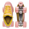 pastel pink retro high top roller skates, pink outdoor 82a wheels, pink toe stop, yellow laces