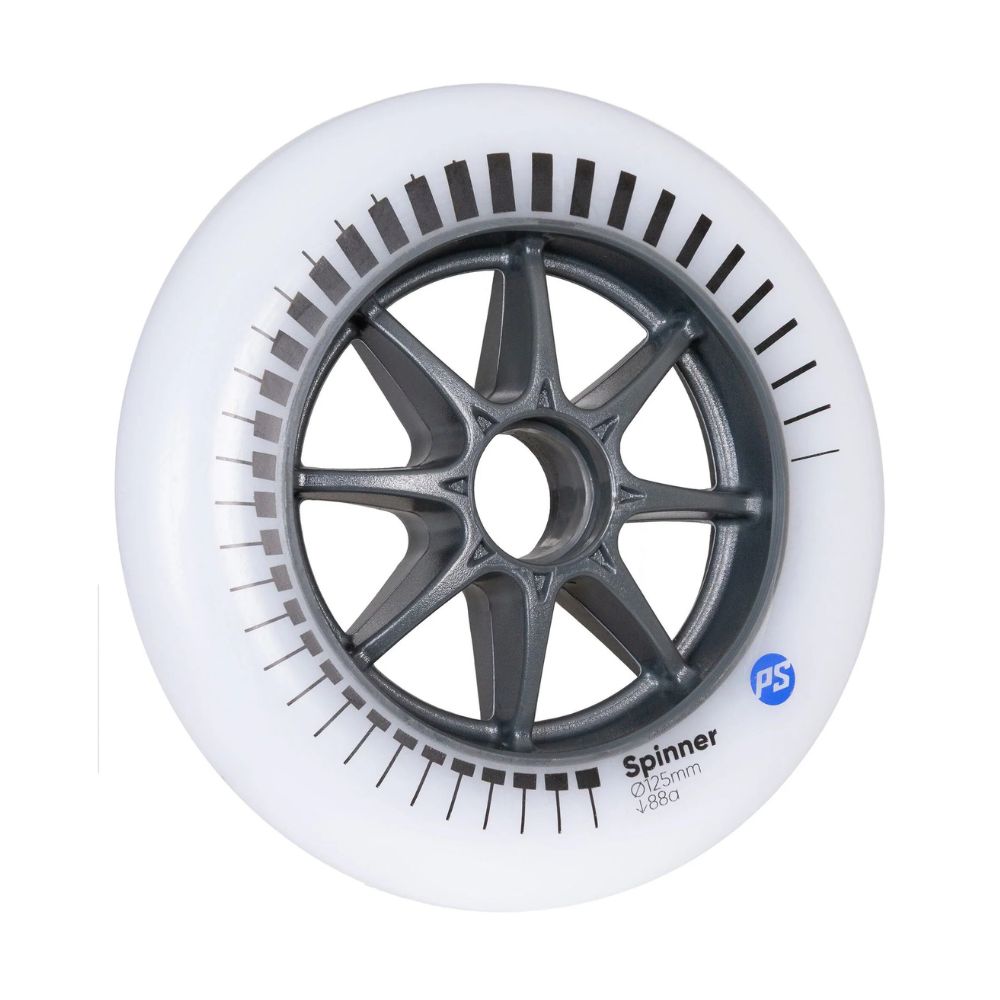 Powerslide Spinner White Inline Wheels 125mm 88A Grey Hub - Lucky Skates 
