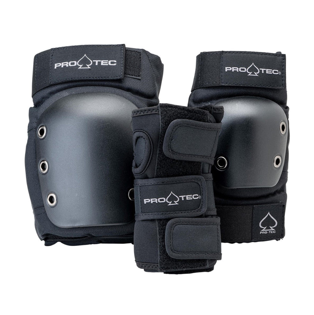 Pro-Tec Adult Skate protective 3 Pack Street Pad Set Black Knee Pads Elbow Pads Wrist Guards - Lucky Skates