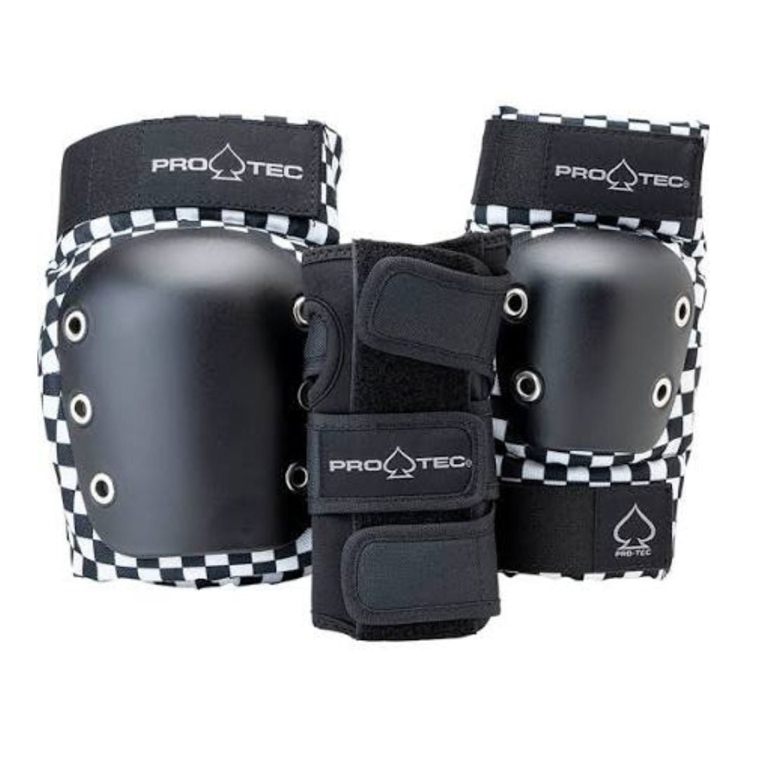 Pro-tec Checker Junior 3-Pack Checkered Black White Knee Pads, Elbow Pads, Wrist Guards - Lucky Skates