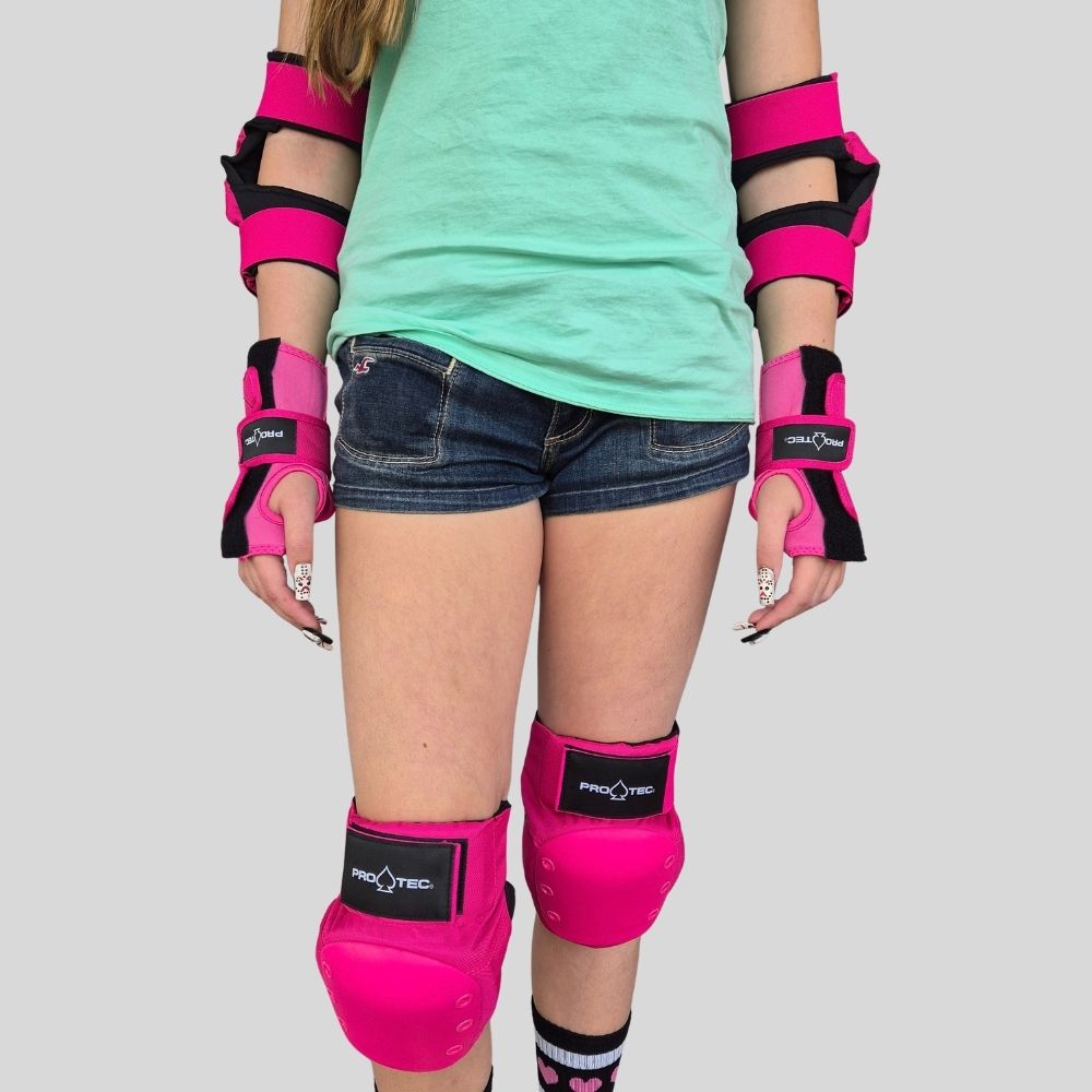 Pro-Tec Junior Street Gear 3-Pack Protective Skate Pad Set Pink Knee Pads, Elboe Pads, Wrist Guards - Lucky Skates 