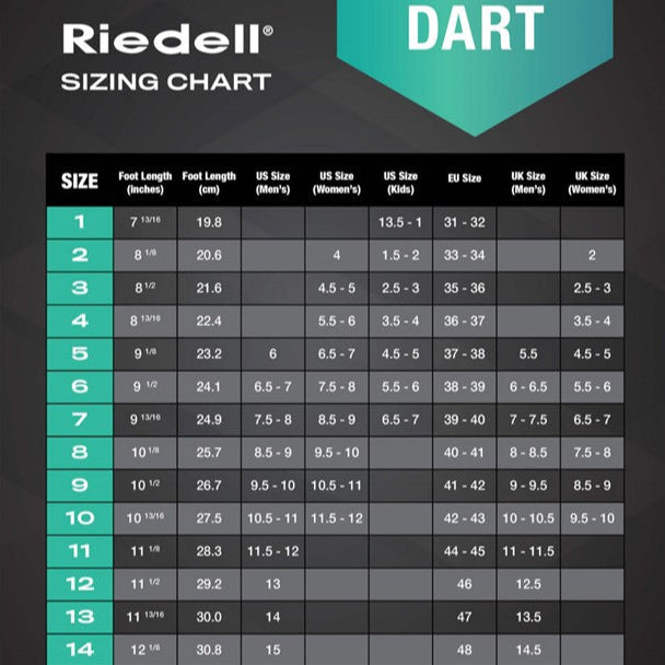 Riedell Dart Roller Skates Size Chart - Lucky Skates
