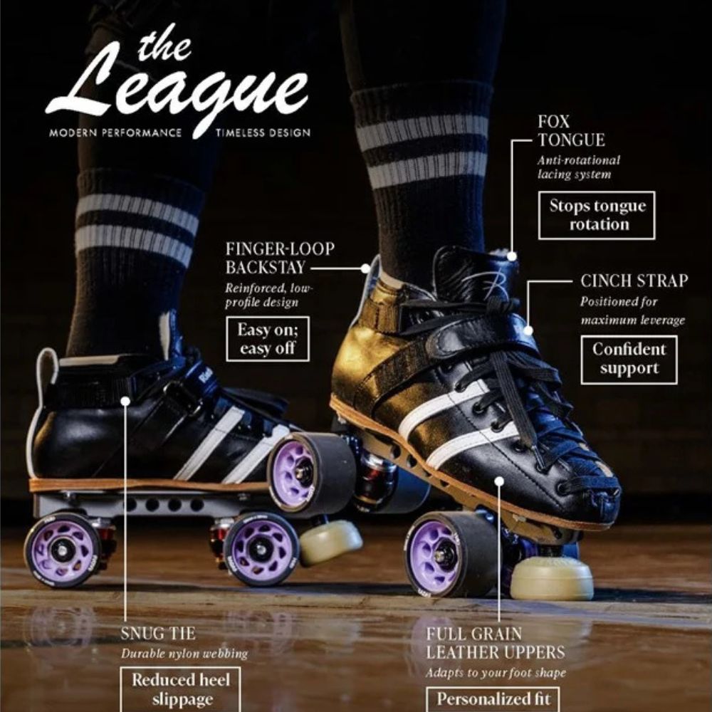 Riedell League Reactor Neo Roller Skates Black With White Stripe, Roller Derby, Speed Skates Leather - Lucky Skates 