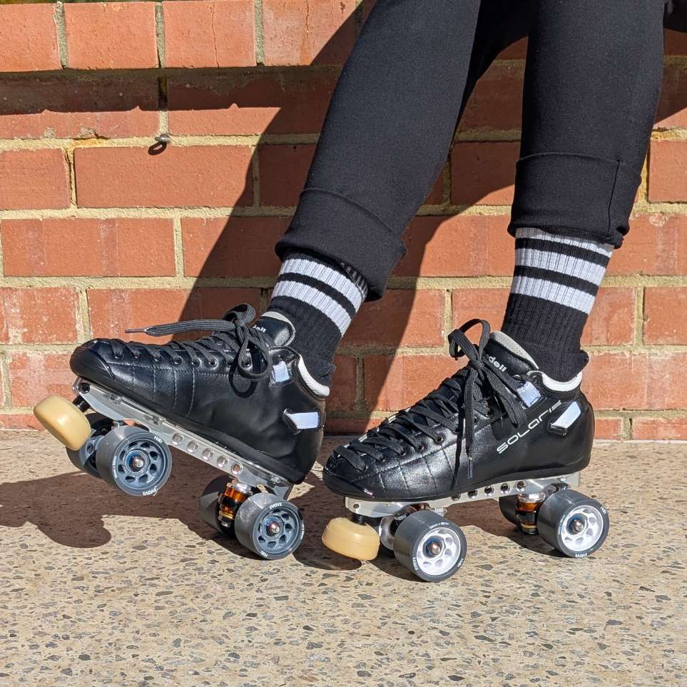 Riedell Solaris Pro Reactor Leather Derby Speed Quad Black Roller Skates - Lucky Skates