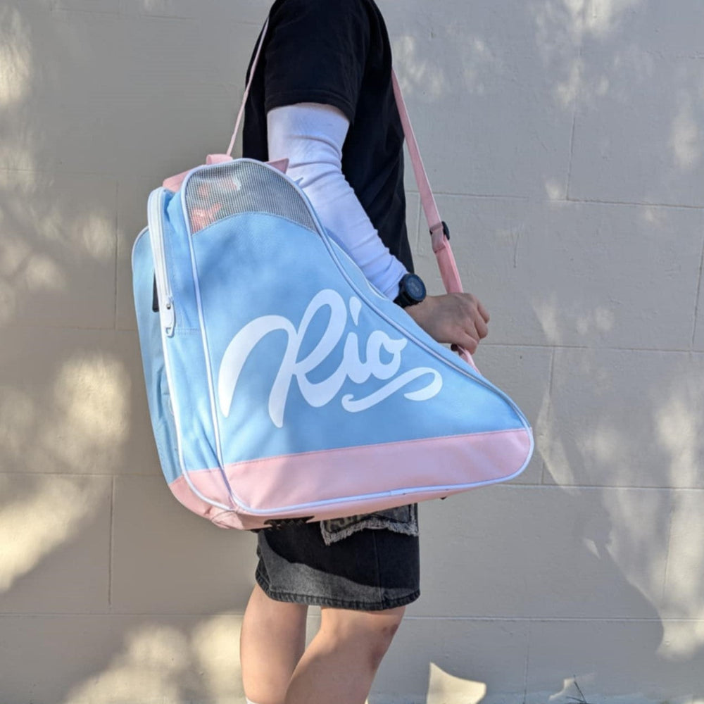 Rio Roller Script Blue and Pink Shoulder Roller Skate Bag, Ice Skate Bag, Inline Skate Bag - Lucky Skates