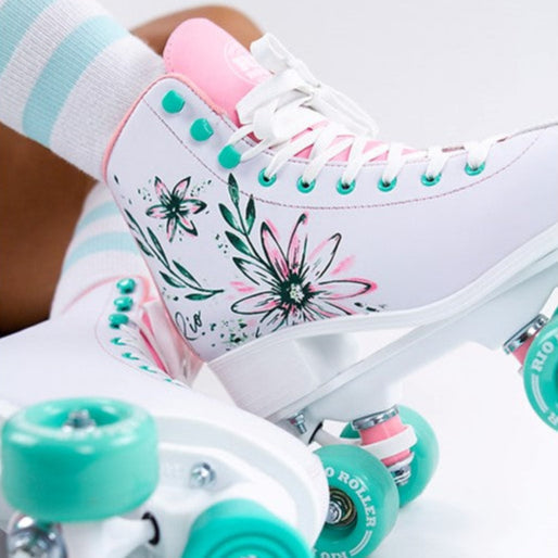 Rio Roller White Teal Pink Artist Floral High Top Roller Skates - Lucky Skates
