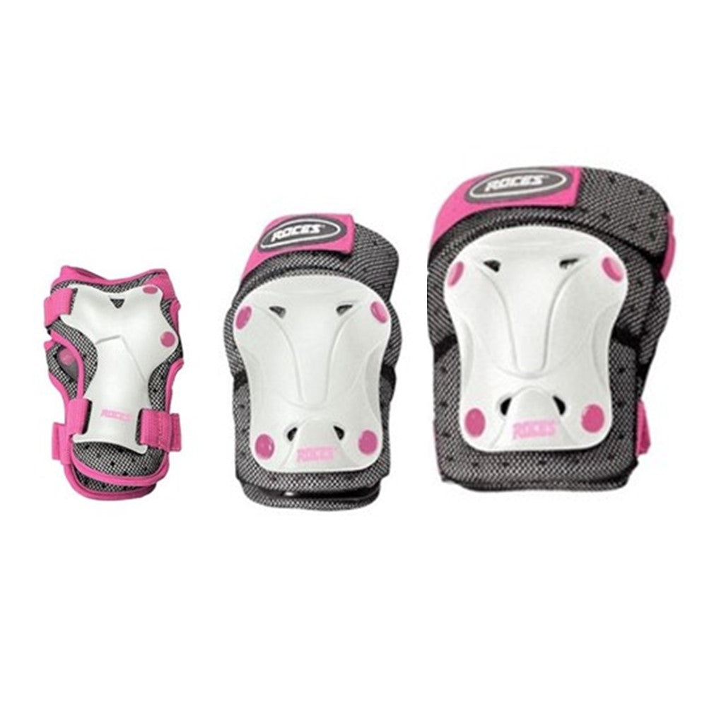 Roces Junior Kids Ventilated Pink 3-Pack Skate Pad Set - Knee Pads / Elbow Pads / Wrist Guards - Lucky Skates