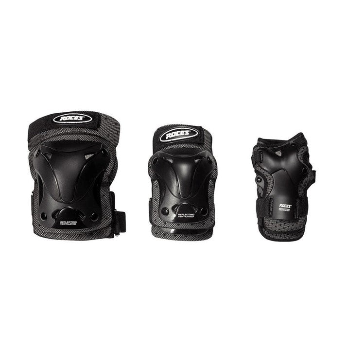 Roces Junior Ventilated Black 3-Pack Pad Set - Knee Pads / Elbow Pads / Wrist Guards - Lucky Skates