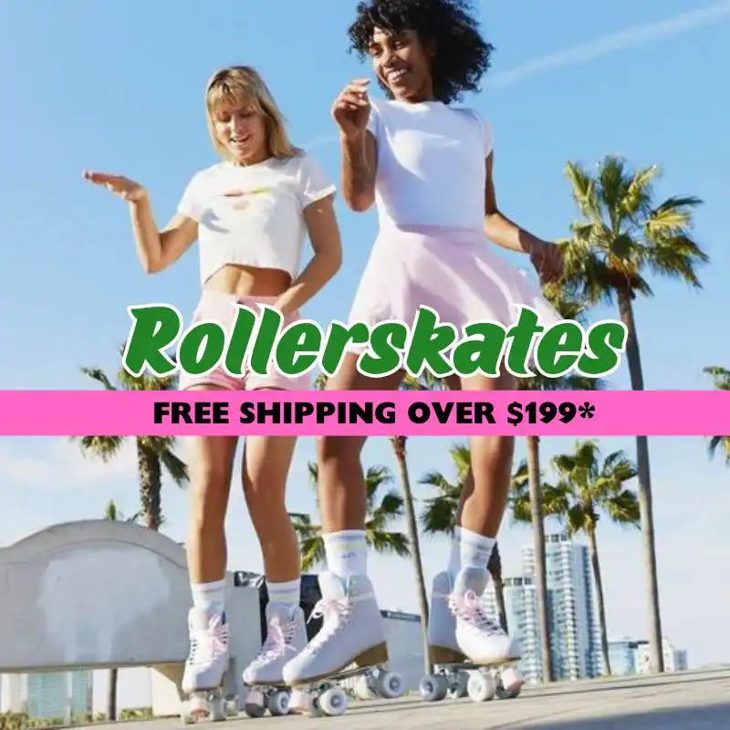 Roller skates with white boots and pink laces.